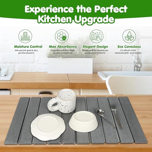Stone Dish Drying Mat for Kitchen Counter 24x16 Grey, Quick Dry Stone Mat Kitchen, Large Stone Drying Mat for Dishes, Cups & Sink Counter, Drying Stone for Kitchen Counter