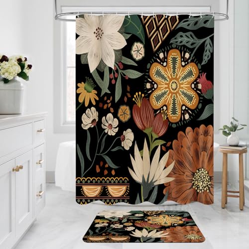 MitoVilla Boho Flower Bathroom Rug Set - 2 Piece 17" x 24", Non Slip, Absorbent Shower Floor Mat, Washable, Carpet Floor Mats for Decor - color: Boho - Flower02, size: 17" x 24" - 2Pcs