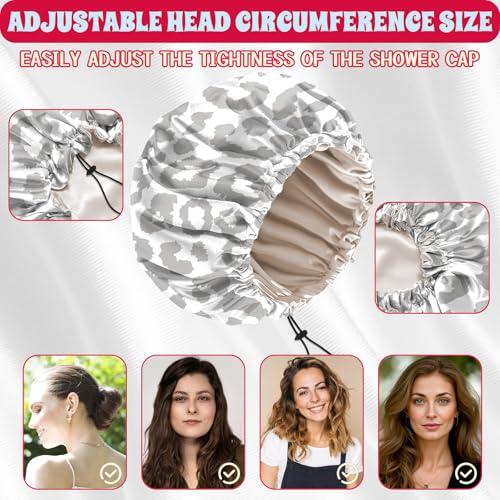 Luxury Shower Cap Satin Lined Reusable Waterproof Double Layer Elastic Adjustable Hair Bath Cap Cute Aesthetic Women Girls-White Leopard - color: F13-White Leopard