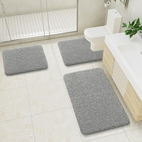 LOCHAS Bathroom Rugs Sets 3 Piece, Microfiber Bath Rug Set Non Slip Washable, Shaggy Toilet Rug Set Absorbent, Soft Cozy Bath Mat Set Quick Dry, Grey - color: Grey, size: 30" x 20" + 24" x 17" + U Shape 24" x 20"