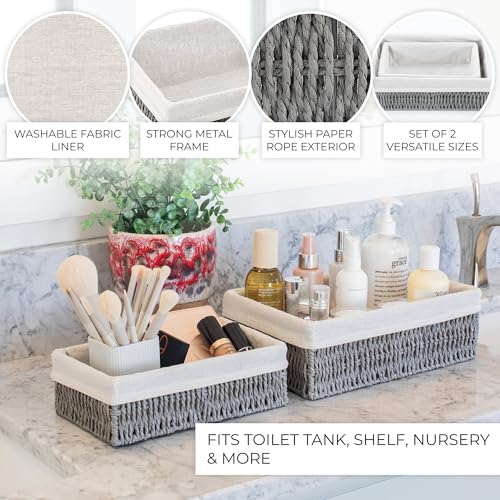 Beautiful Toilet Paper Storage Basket Set of 2 – Decorative Wicker Bathroom Organizer for Toilet Tank Trays - Quality Holder Bin for Shelves Fits Perfectly with Any Bathroom Decor - color: Grey