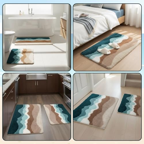 Breling Bath Mat Set of 2 Ocean Beach Teal Fluffy Absorbent Microfiber Rugs Non Slip Bath Mats for Bathroom Floor Tub and Shower, Washable, Ultra Soft, Quick Dry (32 x 20 Plus 24 x 17 - Inches) - style: Ocean Beach