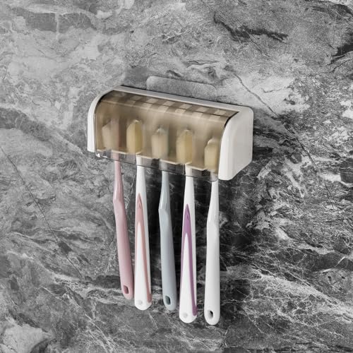 5 Slots Wall Mount Toothbrush Holder with Cover, Self Adhesive Toothbrush Storage Organizer for Shower, Toothbrush Hanger for Bathroom, Medicine Cabinet, Dorm(White + Grey) - color: White + Grey 1pack