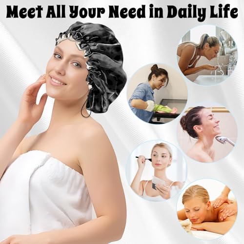Luxury Shower Cap Satin Lined Reusable Waterproof Double Layer Elastic Adjustable Hair Bath Cap Cute Aesthetic Women Girls-Black Leopard - color: F3-Black Leopard