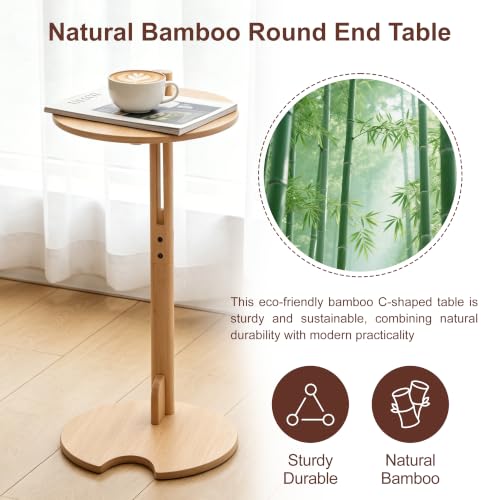 Bamboo C-Shaped Side End Table for Sofa | Slides Under Couch; Round Solid Bamboo Top; Works as Laptop Desk & TV Tray; Space-Saving for Small Living Rooms and Bedrooms - color: Natural