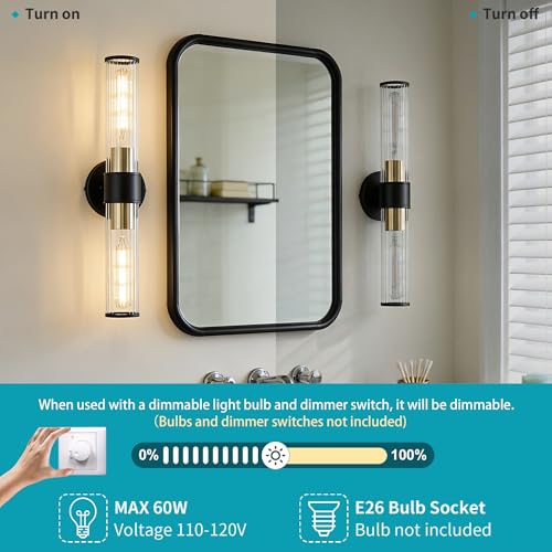 Bathroom Light Fixtures 2 Pack Hardwired, Black Gold Wall Sconce Threaded Glass Vanity Light Featuring Two E26 sockets, Bathroom Wall Light Dimmable - Bulb Not Included, UL Certification - color: Black Gold Threaded Glass-2Pack