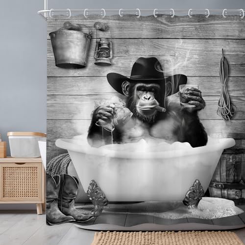 Newsely Funny Monkey Shower Curtain 72Wx72H Inch Western Cowboy Chimpanzee in Bathtub Black White Animal Wildlife Shower Curtain Bathroom Set Boys Men Waterproof Bath Decoration Accessories Home Decor - color: C-monkey, size: 72"W x 72"L (Pack of 1)