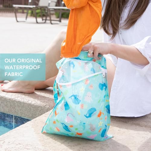 Bumkins Waterproof Wet Bag for Baby, Travel, Swim Suit, Cloth Diapers, Pump Parts, Pool, Beach, Gym Clothes, Toiletry, Hook to Stroller, Daycare, Zipper Reusable Wetdry Packing Pouch, Ocean Life Blue - color: H5 Ocean Life, style: Wet Bag