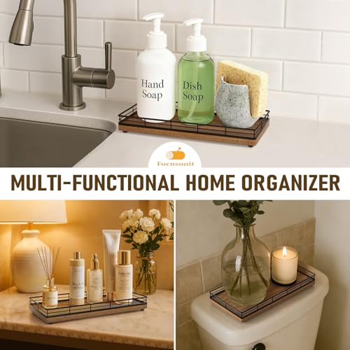 Bathroom Vanity Tray for Countertop, 12" x 6" Acacia Wood Toilet Tank Tray | Metal Guardrail, Bathroom Organizer for Soap, Perfume & Skincare, Non-Slip Decorative Tray for Dresser, Black & Acacia - color: Acacia, size: 12" x 6" x 1.5"