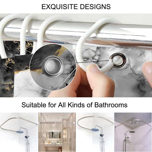 Lnond 4Pcs Bathroom Sets with Shower Curtain and Rugs, Marble Bathroom Shower Curtain Sets, Black White Gold Modern Art Bathroom Sets with Rugs and Accessories - color: Black Grey Marble