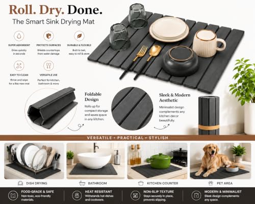 Stone Dish Drying Mat for Kitchen with Sink Splash Guard Counter, Foldable Quick Dry Dish Drying Mats, Absorbent Diatomaceous Earth Stone Drying Mats for Plate Rack Bottles Cups (Gray, 18"L×12"W)