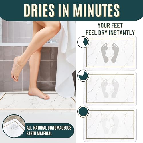 Stone Bath Mat – Super Absorbent Diatomaceous Earth Bath Mat, Quick-Drying Stone Bath Mats for Bathroom, Easy to Clean Bathroom Mat Quick Dry, 24 x 16 inch, White Modern Marble