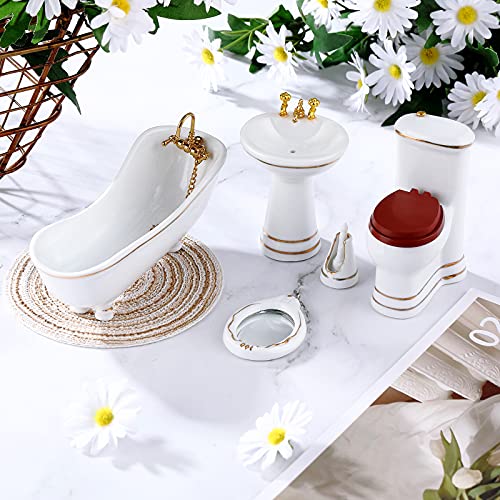 Skylety 6 Pcs Dollhouse Bathroom Furniture 1:12 Scale Porcelain Doll Accessories with Mini Bathtub, Toilet, Pedestal Sink, Mirror, Brush Holder, Carpet