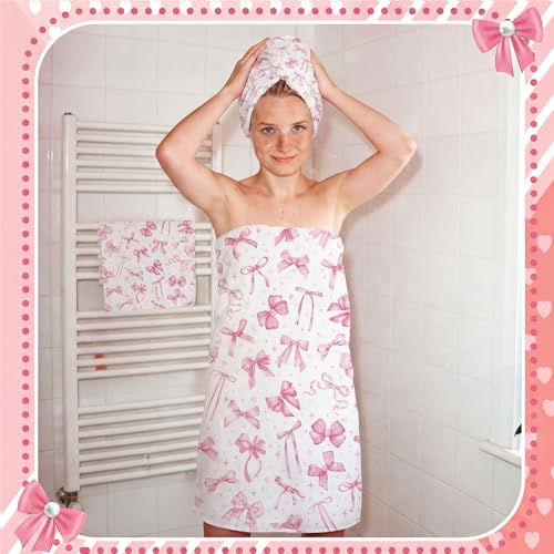 Moukeren Set of 3 Pink Bow Bath Towels Cute Coquette Bow Bath Towel Hand Towel and Washcloth Soft Decorative Towels for Girls Womens Bathroom Kitchen Pool Gym Spa Yoga - style: Pink Bow