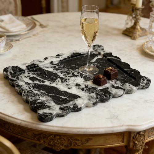 Real Natural Calacatta Black Marble Tray, Luxury Scalloped Marble Tray, Decorative Rectangle Marble Tray for Vanity Bathroom Kitchen Coffee Table Jewelry Perfume Home Decor - color: Calacatta Black