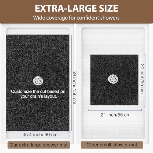 Shower Mat Non Slip: 59 x 34.5 Inch Extra Large Shower Mats for Inside Shower with Drain Hole - Soft PVC Loofah Anti Slip Shower Stall Mat for Walk-in Shower and Bathroom, Quick Drying - color: Black, size: 59" x 35.4" (Rectangular)