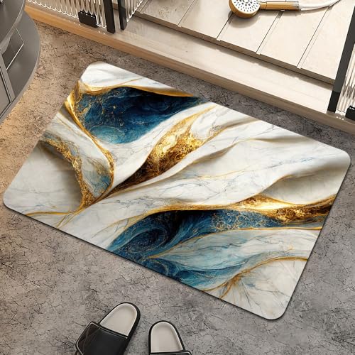 Bath Mat Rug,Abstract Blue and gold marble Non Slip Quick Dry Super Absorbent Thin Bathroom Rugs Fit Under Door-Easy to clean Bathroom Floor Mats-Shower Rug for Shower Sink Bathtub(16" x 24"In) - color: Abstract Blue and Gold Marble, size: 1'4" X 2'(recta