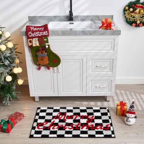 Douceur Merry Christmas Checkered Bathroom Rugs, Cute Black and White Checkerboard Bath Mat Non Slip, Soft and Absorbent Washable Bath Rugs, 24"X16" - color: Christmas Checkered-black, size: 1'4" x 2' (Rectangular)