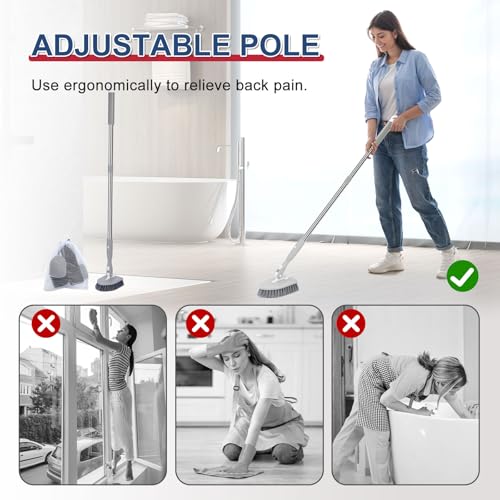 Tile Tub Floor Cleaner Scrubber With Long Handle - 5-in-1 Shower Brush Set for Bathroom, Kitchen, Walls, Sink - Includes Window Scraper and 3 Detachable No Scratch Heads