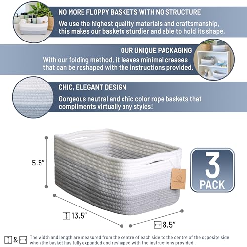 NaturalCozy 13.5”x8.5”x5.5” Rectangle Storage Baskets for Shelves 3 Pack | Cotton Rope Woven Small Baskets for Organizing | Small Storage Bins for Nursery, Bathroom, Closet, Shelf, Decorative - color: 3-Tone Gray, size: 13.5" x 8.5" x 5.5"