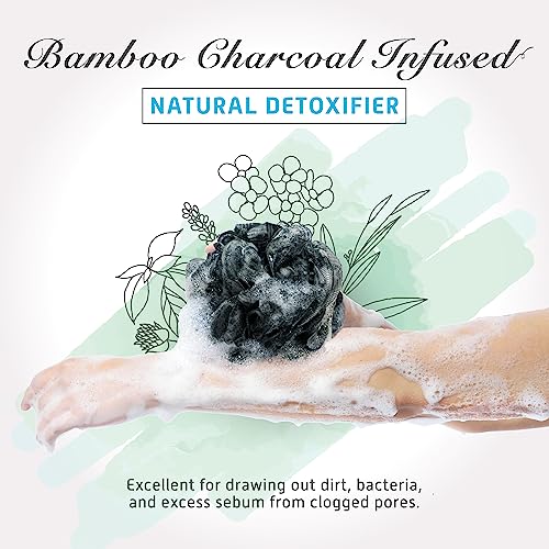 Spongentle Shower Loofah Bath Sponge, Body Scrubber with Soft Mesh, Exfoliating Bath Pouf with Activated Charcoal, Bath Sponge for Women & Men, Bath Accessories for Scrubber Cleaning Tool, 60g 4 Pack - style: Charcoal Black