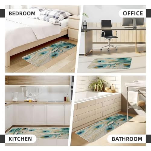Peacock Feather Art Printing Kitchen Rugs Mats Set of 2 Pcs Non-Slip Floor Mats Washable Runner Rugs Set for Bathroom Laundry Hallway Kichen Comfort Standing Mat - color: Peacock Feather Art Printing