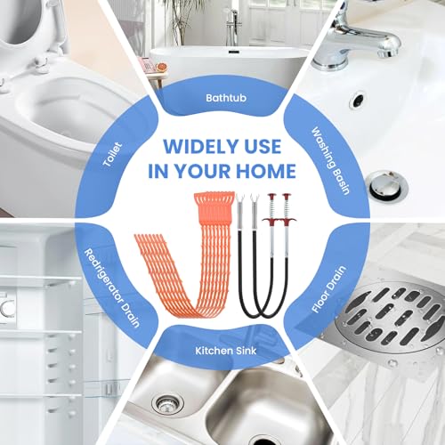 Aifeier ET Drain Clog Removal Tool Set, Includes 6 Plastic + 1 Stainless Hair Remover + 4 Tube Drain Brush + 4 Auger Cleaning Sticks for Toilet, Kitchen Sink, Bathroom Tub, Sewer（15-Pack）
