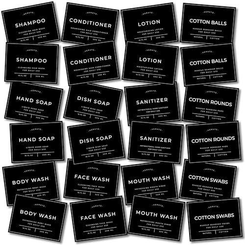 Verute Waterproof Labels for Amber Glass Soap Dispenser and Plastic Bottles 3.15"x2.35" Peel & Stick - Kitchen, Bathroom & Shower Set - 24 Pieces (Black) - color: Black