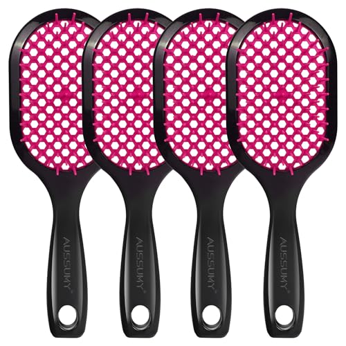 4 Pack Vented Detangling Hair Brush - Detangler Hairbrush with Soft Bristles for Effortless Tangle Free - Ideal for Wet Dry or Curly Damaged Hair for Women Men Kids - color: Magenta+Magenta+Magenta+Magenta