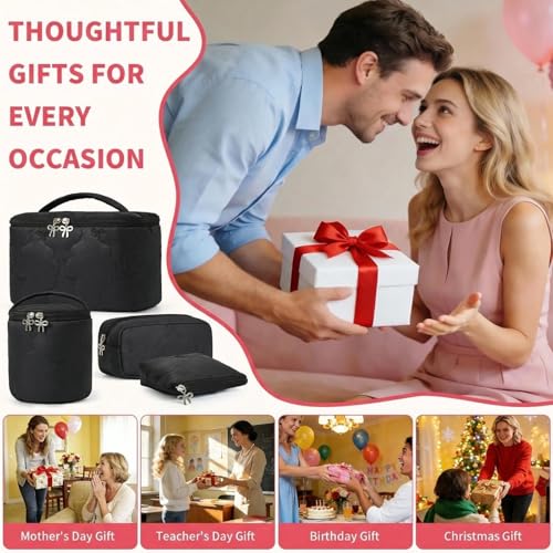 4Pcs Quilted Makeup Bag Set, Cute Bowknot Puffy Makeup Bag Toiletry Bag w/ Bow Zipper Travel Essentials Large Water-Resistant Travel Makeup Bag Versatile Cosmetic Organizer Pouch for Women Girls - color: Black