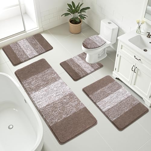 Bsmathom Bathroom Rugs Sets 5 Piece, Soft Absorbent Microfiber Bath Rugs with U-Shaped Contour Toilet Rug and Toilet Lid Cover, Thick Non-Slip Plush Shaggy Bath Mat Set,Coffee - color: Coffee, size: 18"x26"+20"x31"+20"x48"+U20"x24"+Cover19"x21"