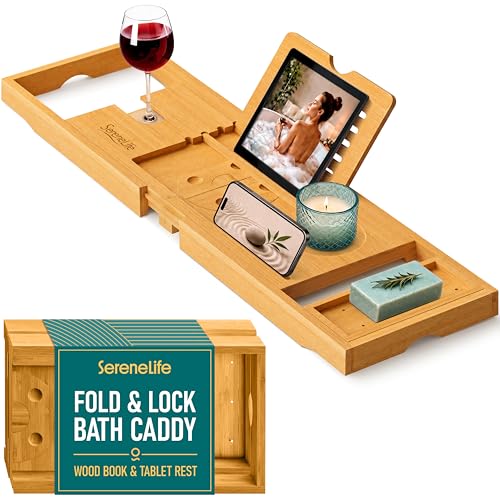 SereneLife 2 in 1 Bed and Bath Tray - Foldable Bamboo Bathtub Caddy with Adjustable Length, Non-Slip, Device Holder, Wine Glass Slot, Expandable for Comfortable Bathing, Natural, Folding Set - color: Natural, Folding