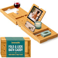 SereneLife 2 in 1 Bed and Bath Tray - Foldable Bamboo Bathtub Caddy with Adjustable Length, Non-Slip, Device Holder, Wine Glass Slot, Expandable for Comfortable Bathing, Natural, Folding Set