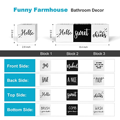 Farmhouse Set of 3 Rustic Wooden Bathroom Shelf Decor with Unique Sayings - Cute Black and White Bathroom Decor for Guest Restroom Home Decoration