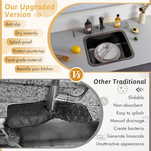 Diatomite Sink Faucet Splash Guard U Shape, 24" Large Stone Sink Tray, Modern Faucet Handle Drip Catcher Stone, Durable Faucet Draining Mat Protector for Kitchen Bathroom Island Counter, Light Grey - size: 23.6" x 3.9"