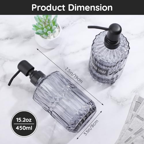 Segbeauty Glass Soap Dispenser Refillable, 2 Pack 15.2oz Modern Farmhouse Decor Pump Bottles with Labels, 450ml Western Decor Hand Soap Dispenser Set Liquid Gel Container for Bathroom Kitchen Gray - color: Gray, size: 15.2oz/450ml