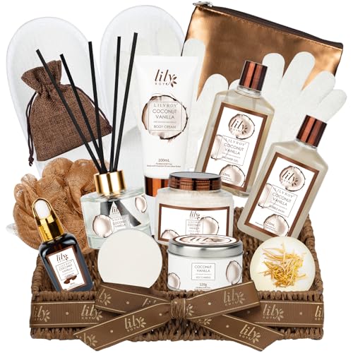 Coconut Vanilla Spa Gift Set, Complete Spa Bath Gift Basket for Women & Men