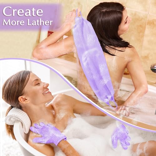 Anezus Exfoliating Back Scrubber Bath Gloves Set, Exfoliating Shower Towel with Shower Gloves for Body Scrub, Back Cleaner Wash Gloves to Remove Dead Skin (Purple) - color: Purple