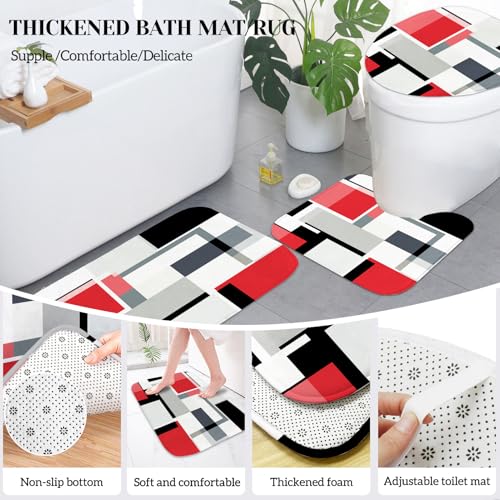 Lnond Red Bathroom Set, 23-Piece Red Black Geometric Bathroom Decor Set with with Shower Curtain and Rugs, Trash Can, Toilet Brush Holder Set & Soap Dispenser - style: Red Geometric