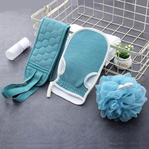 3PCS Bath Exfoliating Set – Loofah Sponge, Bath Glove & Exfoliating Washcloth for Shower & Spa - Blue - color: Blue