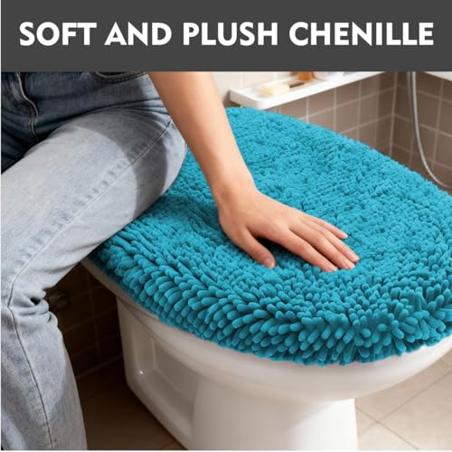 RUN HELIX Bathroom Toilet Lid Cover,Chenille Machine Washable Seat Covers, 17.5x15, Stays in Place Rubber Backing, Fits Most Round, Elongated and Oblong Lids, Accessories Decor,Teal - color: Teal Blue, size: Lid 17.5"x15"
