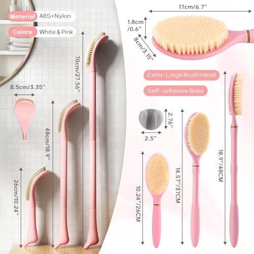 Foot Brush & Back Scrubber Set, 27.5'' Adjustable Foot Scrubber for Shower, 18.9'' Shower Back Scrubber with 3-Length Usage, Great Aid for People with Limited Mobility(Pink Set) - color: Pink Set