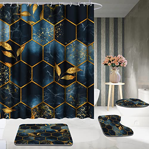Poedist 4 Pcs Bathroom Shower Curtain Set,Bathroom Sets with Rugs(Bath Mat,U Shape and Toilet Lid Cover Mat) and 12 Hooks,Black and Blue Honeycomb Marble - color: Black Blue