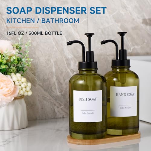 Glass Soap Dispenser with Pump, Dish and Hand Soap Dispenser for Kitchen Bathroom Set, Clear Glass Dispenser Set of 2 Pack with 18 Stickers Funnel Bamboo Tray 500ml 18oz Green - color: Glass Olive Green
