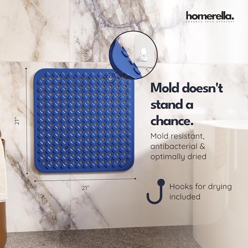 homerella® Shower Mat Non Slip Anti Mold, Non Slip Shower Mats for Inside Shower Stall Anti Slip Mat, Square Shower Floor Mat 21 x 21 in with Suction Cups & Hooks for Quick Drying, Machine Washable - color: Royal Blue