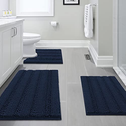 H.VERSAILTEX 3 Piece Bathroom Rugs Sets Thick Striped Bath Rugs Set for Bathroom Non Slip Soft Absorbent Bath Mat Set for Tub, Shower and Toilet(17''x24''+20''x32''+20''x24'' U-Shaped, Navy) - color: Navy