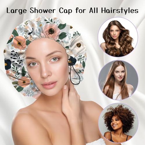 Luxury Shower Cap Silk Satin Lined Waterproof Reusable Adjustable Elastic Dry Hair Bathing Caps Cute for Women Girls-Flower - color: C-1-Flower