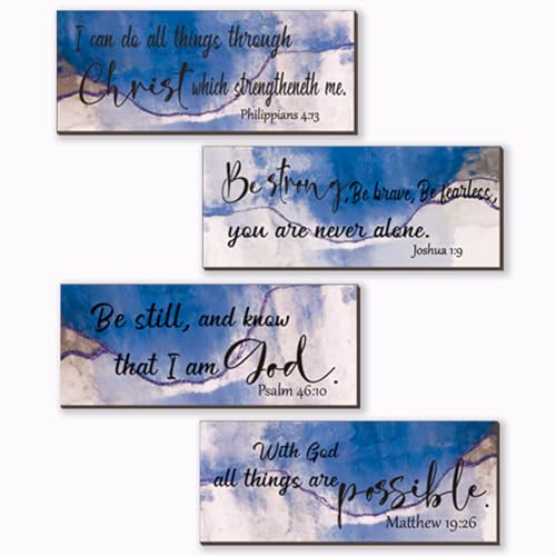 4 Pcs Blue Bathroom Decor Christian Wall Art Abstract Bible Verse Wall Decor Rustic Inspirational Wood Bathroom Accessories For Bedroom Kitchen Office(10 x 4 Inches, Blue) - color: Blue