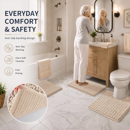 Yimobra Bathroom Rug Set 3 Piece - Super Absorbent Quick Dry Chenille Bath Mats & Toilet Rug, Non Slip Machine Washable, Extra Thick Shaggy Floor Mat for Shower Tub Sink, Light Brown - color: Light Brown, size: 24"x17" + 24"x20" + 30"x20"