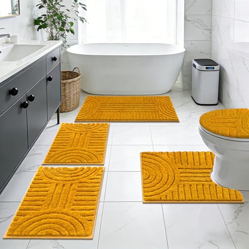 SHACOS Bathroom Rugs Sets 5 Piece Ultra Soft Absorbent Microfiber | Bath Mat with Bath Runner, U Shape Contour Rug, Toilet Lid Cover, Non Slip Machine Washable Carpet for Bedroom, Honey Mustard - color: Honey Mustard